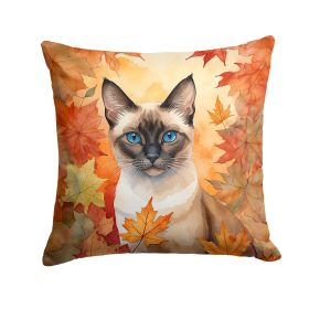 Siamese Cat in Fall Leaves Throw Pillow Machine Washable, Indoor Outdoor Decorative Pillow for Couch, Bed or Patio, 14Hx14W
