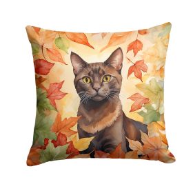 Havana Brown Cat in Fall Leaves Throw Pillow Machine Washable, Indoor Outdoor Decorative Pillow for Couch, Bed or Patio, 18Hx18W