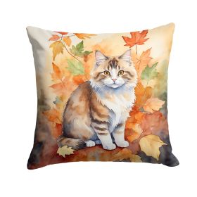 Ragamuffin Cat in Fall Leaves Throw Pillow Machine Washable, Indoor Outdoor Decorative Pillow for Couch, Bed or Patio, 14Hx14W