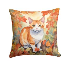 Japanese Bobtail Cat in Fall Leaves Throw Pillow Machine Washable, Indoor Outdoor Decorative Pillow for Couch, Bed or Patio, 18Hx18W